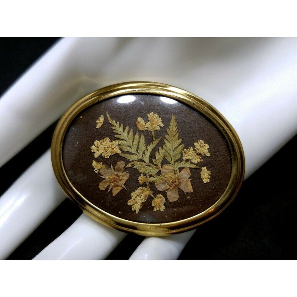 Vintage Pressed Flowers Brooch Read Flowers Plastic Cover Brown Background 1960s